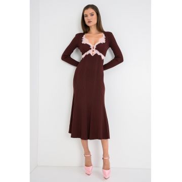 Rochie midi striata cu garnituri din dantela - Visiniu
