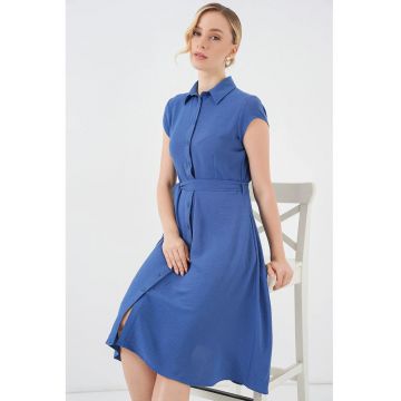 Rochie Midi  Tip A - Guler Camasa - Albastru - Bumbac -
