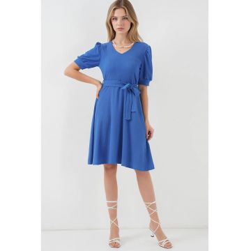 Rochie midi tricotata HiCCUP - texturata - decolteu in V - funda - albastru - jerseu