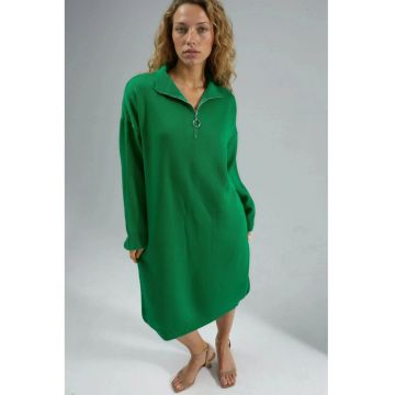 Rochie midi tricotata  verde - guler cu fermoar - tricot 100% acrilic -