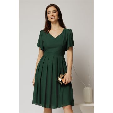 Rochie midi verde de ocazie din voal cu decolteu in V si pliuri pe fusta