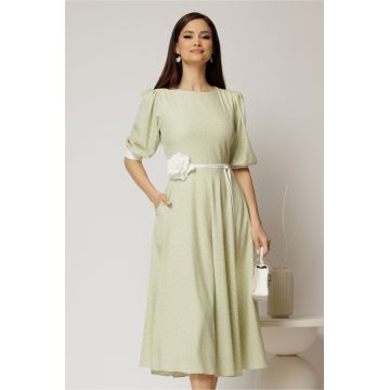 Rochie midi verde fistic cu buline si cordon detasabil in talie