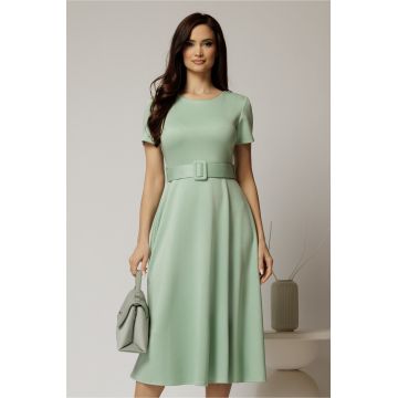 Rochie midi verde mint cu maneca scurta si curea in talie cu adaos de viscoza