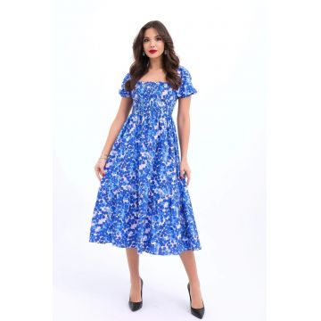 Rochie midi  volane - albastru cobalt - poliester-bumbac-elastan