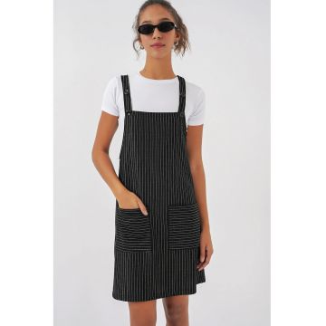 Rochie Mini dama -  cu Dungi - Guler Patrat - Poliester/Viscoza - Negru