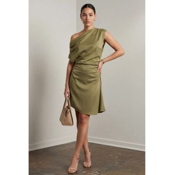 Rochie Mini -  Guler Asimetric - Detalii Drapate - Verde - Tencel si Poliester