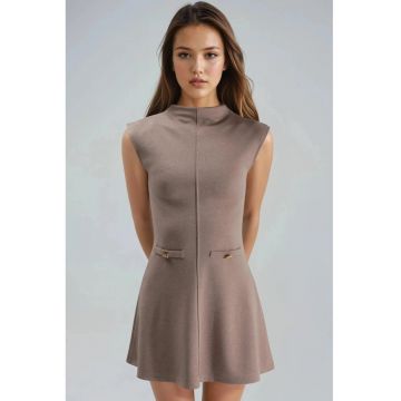 Rochie Mini  Guler Inalt - Detaliu Buzunar - Bej Natural - Textil