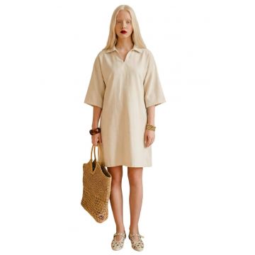 Rochie Mini  Guler Polo - Maneci Trei Sferturi - Bej Natural - In