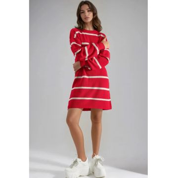 Rochie mini tricotata -  cu dungi - guler rotund - rosie - tricot 100% acrilic -