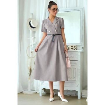 Rochie office cu dungi, Mireya, revere si curea, Gri, Marime S/M