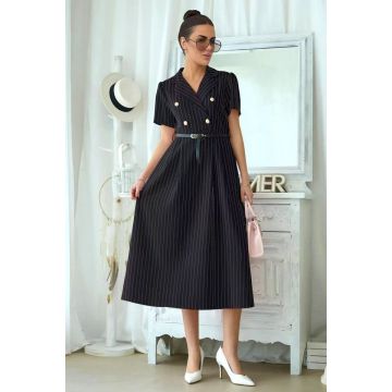 Rochie office cu dungi, Mireya, revere si curea, Negru, Marime S/M