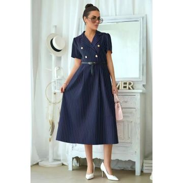 Rochie office Mireya, cu imprimeu pinstripe si curea, Bleumarin, Marime S/M