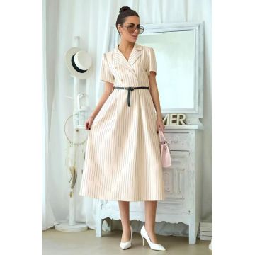 Rochie office Mireya, cu imprimeu pinstripe si curea, Crem, Marime S/M