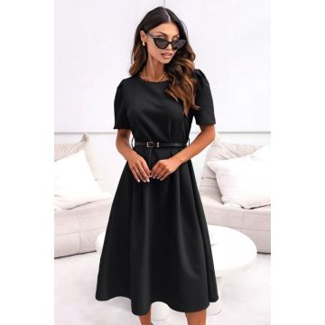 Rochie office SOREYA, croi bufant si curea subtire, Negru, Marimea S/M