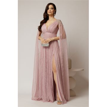 Rochie roz lunga de seara din dantela cu aplicatii pe umeri