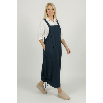 Rochie sarafan lunga cu bretele si snur reglabil, din jerseu de bumbac bleumarin