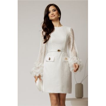 Rochie scurta alba din dantela cu maneci ample