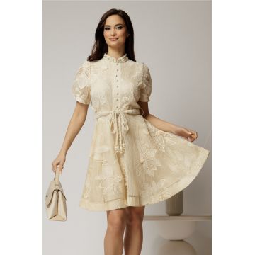 Rochie scurta bej din dantela cu nasturi si cordon impletit