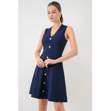Rochie tricotata fin cu decolteu in V - Bleumarin