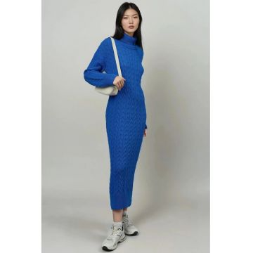 Rochie tricotata -  guler inalt - model impletit - albastru cobalt - acril - One Size