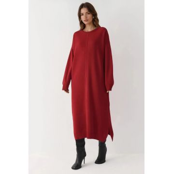 Rochie tricotata -  lunga - cu nervuri texturate - rosu - tricot -