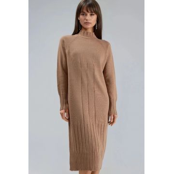 Rochie tricotata -  midi - culoare maro camel - material tricot -