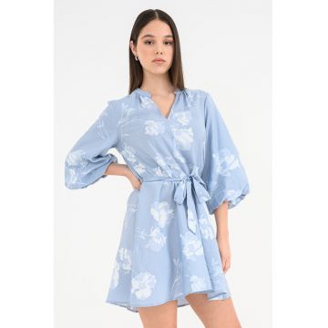 Rochie tunica cu un cordon in talie Nara - Alb optic/Albastru glaciar
