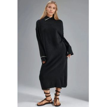 Rochii -  rochie midi tricotata cu guler polo - negru - tricot -