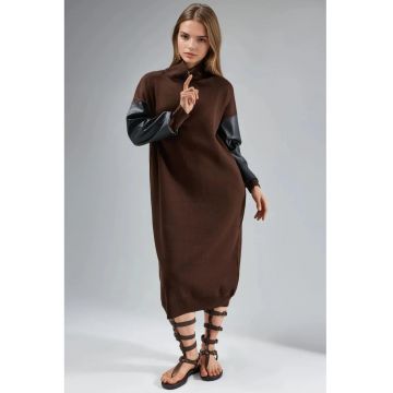 Rochii -  tricotata lunga - detalii din imitatie de piele - maro cafea - tricot -