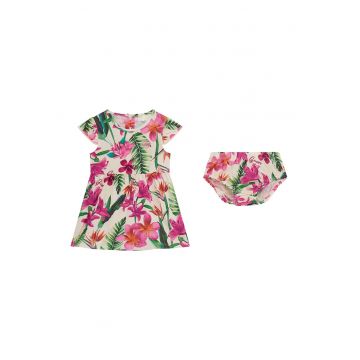 Set de chiloti si rochie cu croiala in A si imprimeu floral - 2 Piese - Verde/Roz/Crem