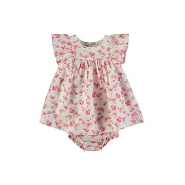 Set de rochie cu volane - imprimeu floral si chiloti - Grej/Rosu pastelat