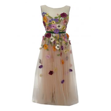 Rochia lunga din tul roz corai si flori NAISHA