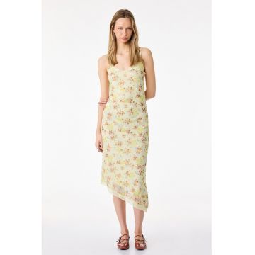Rochie asimetrica ca cu model floral - Galben pal