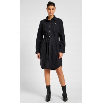 Rochie camasa  All Purpose - negru-gri - denim - croiala evazata - cu curea