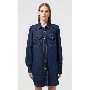 Rochie camasa -  Baloonsleeve - fermoar - albastru - bumbac -