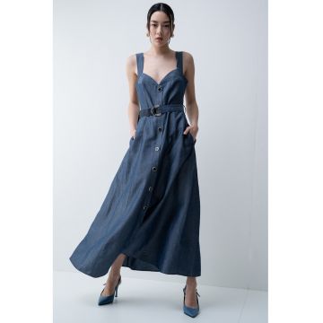 Rochie-camasa maxi din lyocell si in - Bleumarin