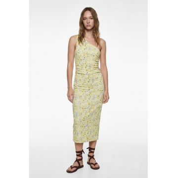 Rochie cambrata cu decolteu pe un umar si model floral - Galben pal