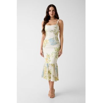 Rochie cambrata cu model floral si terminatie cu volane - Verde pal/Albastru
