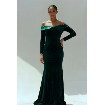 Rochie catifelata cu decolteu pe un umar - Verde aquamarin