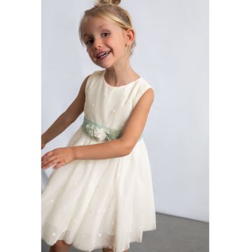 Rochie cu croiala in A - cordon -tul si model floral - Verde/Alb murdar