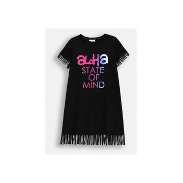 Rochie cu franjuri si imprimeu text