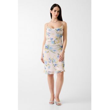 Rochie cu imprimeu floral si decolteu drapat - Roz pal/Albastru
