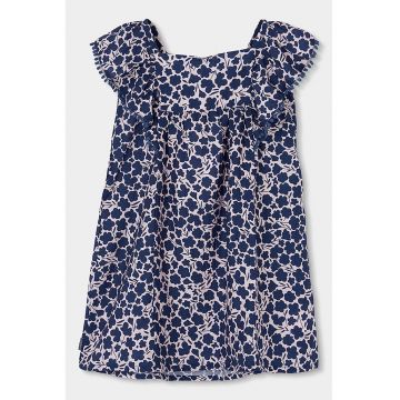 Rochie cu imprimeu floral si volane - Crem/Bleumarin