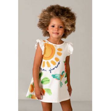 Rochie cu imprimeu si maneci scurte cu volane - Alb/Portocaliu