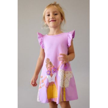 Rochie cu imprimeu si maneci scurte cu volane - Bej/Lila