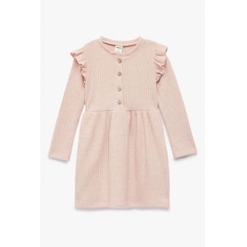 Rochie cu maneci lungi si volane - Roz pal