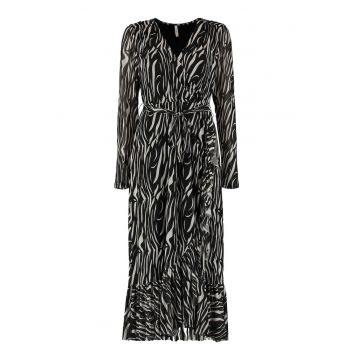 Rochie cu model - decolteu in V si cordon - Negru/Alb murdar