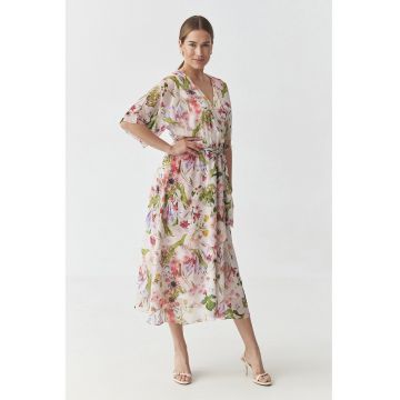Rochie cu model floral si croiala petrecuta - Alb fildes/Verde masliniu