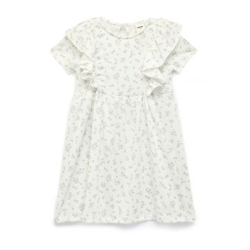 Rochie cu model floral si volane - Alb murdar