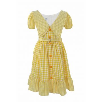 Rochie cu model in carouri si guler amplu Luna - Alb/Galben
